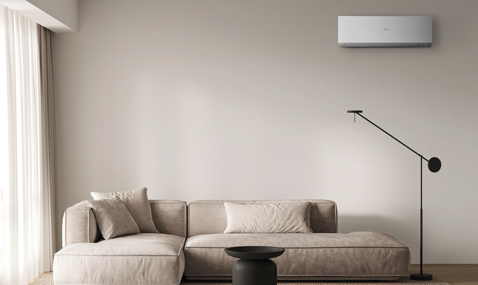 White Haier inverter air conditioner mounted in a modern minimalist living room - Sani Hellas